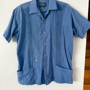 Vintage Guayaberas Exclusivas de Dominguez Cabana Blue Embroidered Men's Shirt